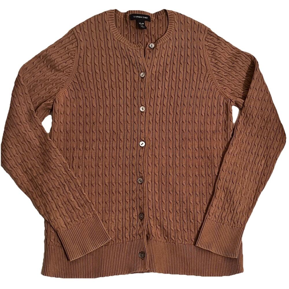 Lands’ End Womens Caramel Brown Cable Knit Cardigan Sweater Size XS 100% Cotton